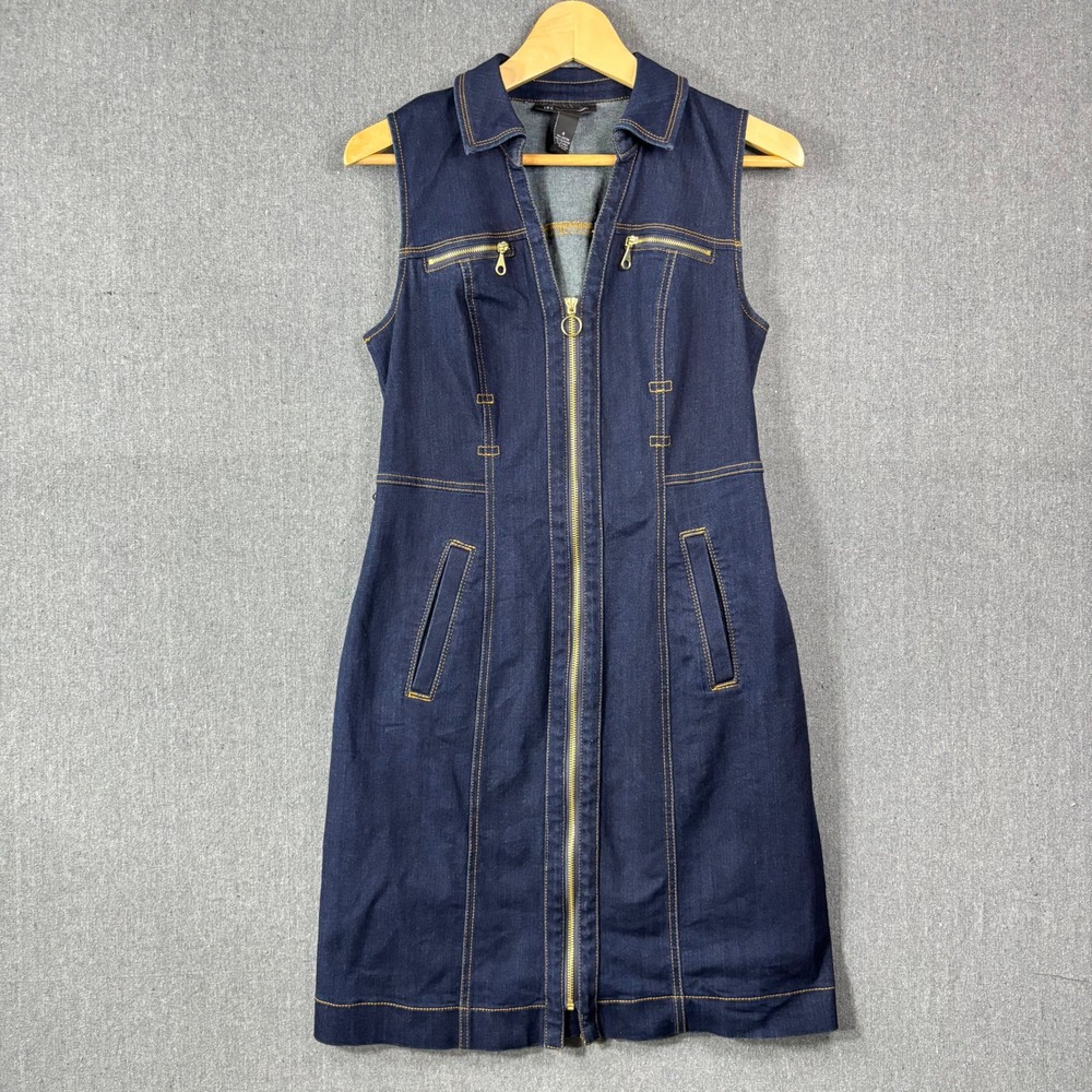 INC Denim Dress Womens 4 Blue Sleeveless Full Zip Sheath Dark Wash Gold Hardware